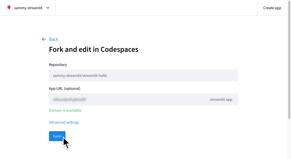 Click Fork to confirm and deploy your app