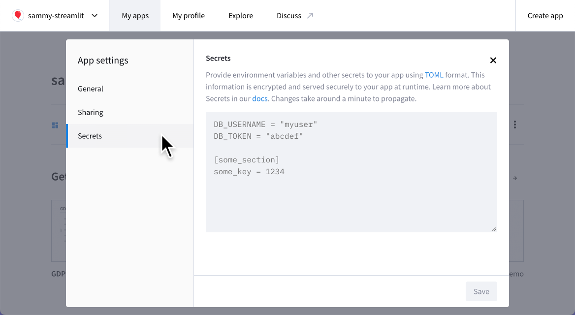 Secrets app settings on Streamlit Community Cloud